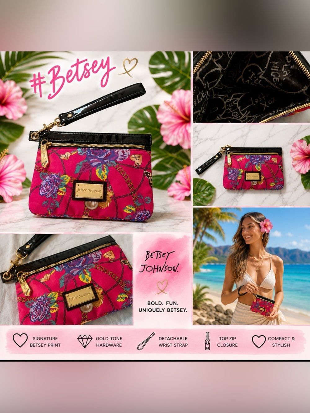 *Betsey Johnson* Pink & Black Pink Floral Wristlet